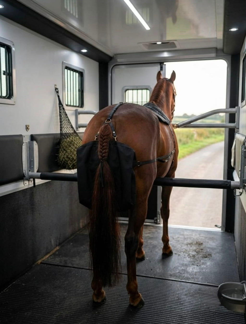 Strap with carabiner for transport trailers and horse-drawn carriages.